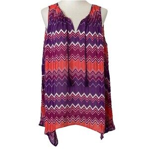 Stylus Sheer Tank Top Size XL Blouse Sleeveless Purple Pink White Chevron